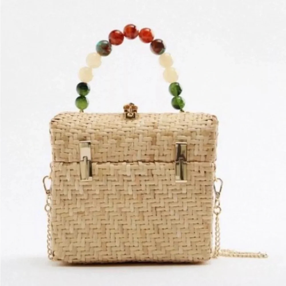 ZARA Bag Ratan Gold Chain Beaded Handle Lined Picnic Basket Styling Crossbody
